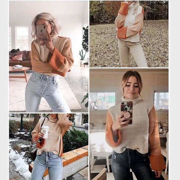 Color Block Beige Turtleneck Sweater Orange - Picture 2 of 9
